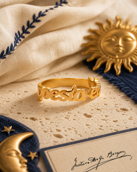 Anillo ajustable de plata de ley con baño de oro de 18kt, inspirado en "Poesía eres tú" de Gustavo Adolfo Bécquer, de LAURISSI Jewelry.